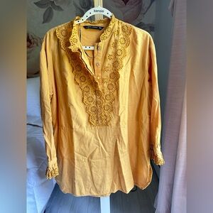 Zara Mustard Yellow Lace-Trim Long Sleeve Tunic sz XL L